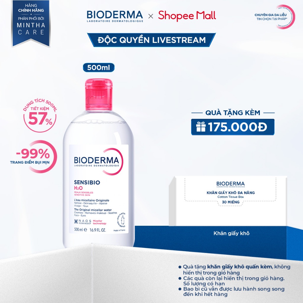 [BIODERMA - ĐÃ KÈM KHĂN GIẤY KHÔ 2026] Dung dịch làm sạch tẩy trang cho da thường, nhạy cảm Bioderma Sensibio H2O- 500ml | BigBuy360 - bigbuy360.vn