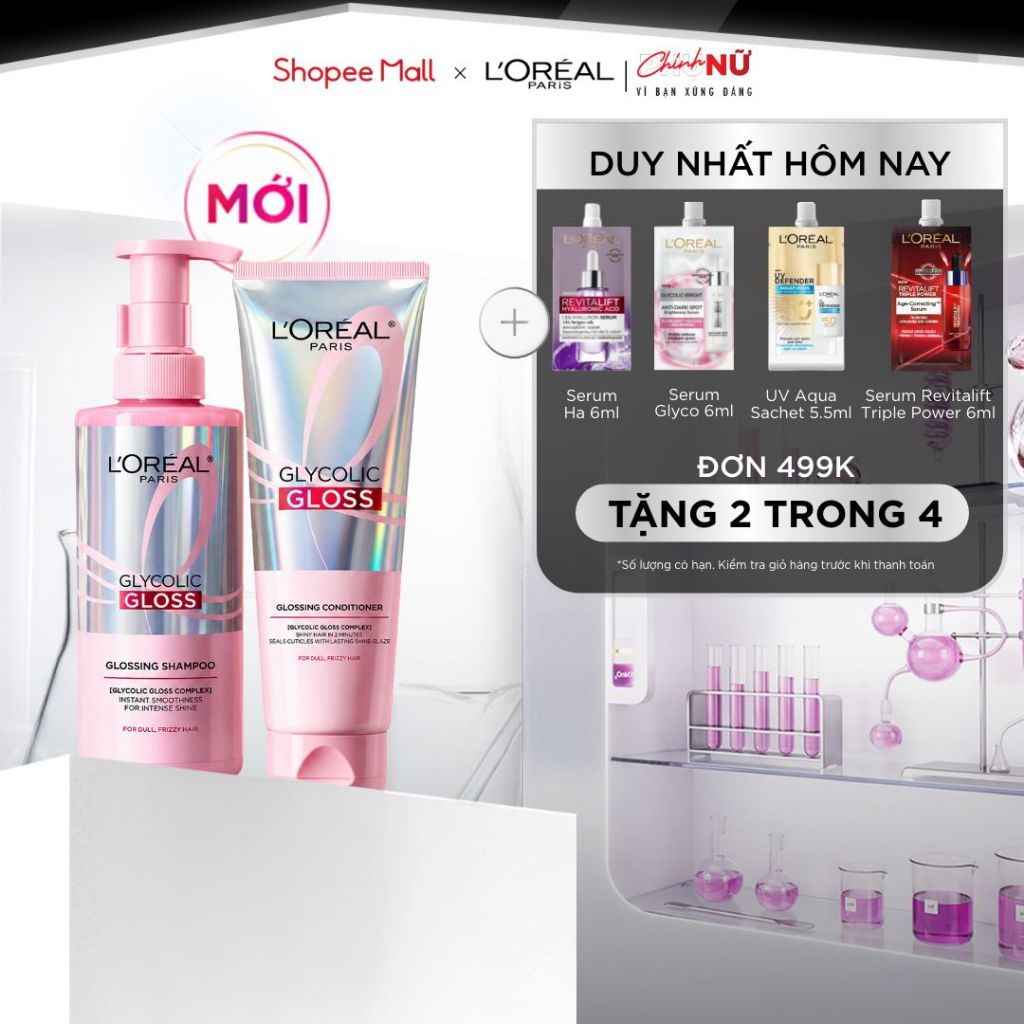 [MỚI] VB_ Bộ dầu gội & xả phủ bóng, chống xơ rối phức hợp 2% [Glycolic Acid] L'Oréal Paris Glycolic Gloss 440ml, 200ml