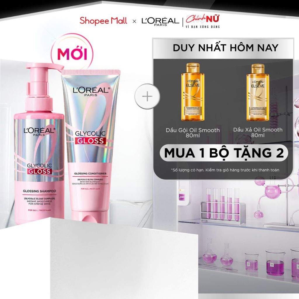 [MỚI] VB_ Bộ dầu gội & xả phủ bóng, chống xơ rối phức hợp 2% [Glycolic Acid] L'Oréal Paris Glycolic Gloss 440ml, 200ml