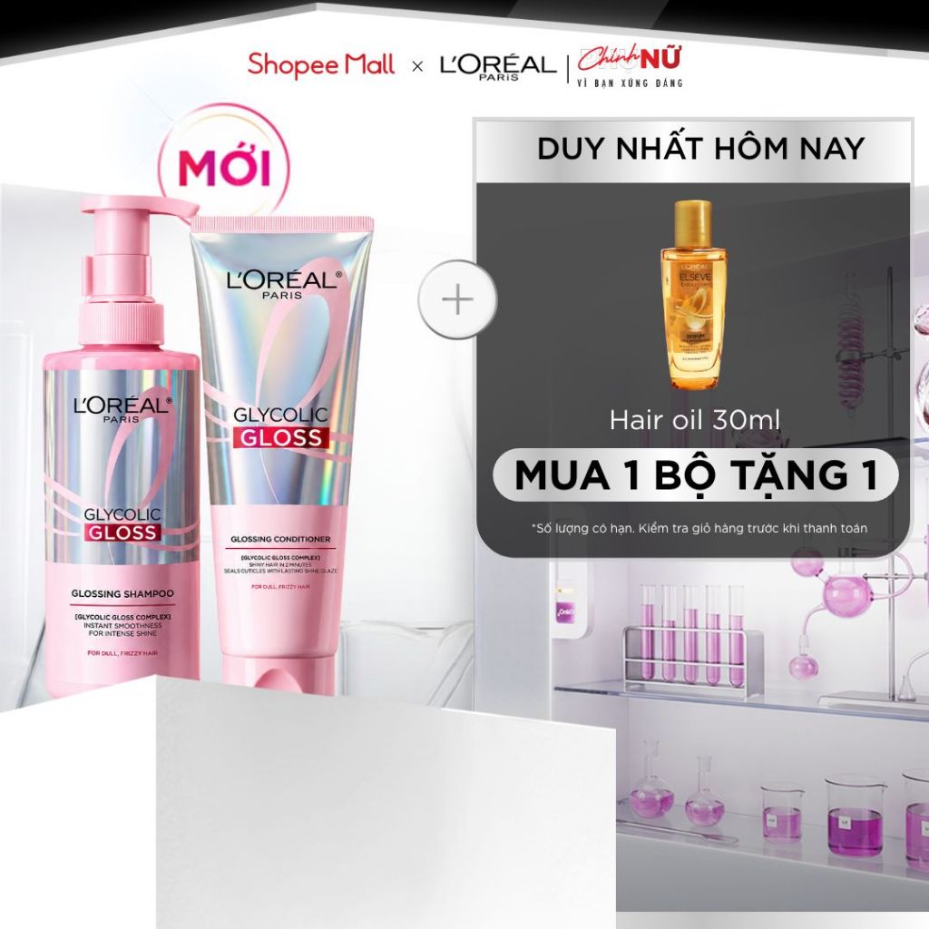 [MỚI] VB_ Bộ dầu gội & xả phủ bóng, chống xơ rối phức hợp 2% [Glycolic Acid] L'Oréal Paris Glycolic Gloss 440ml, 200ml