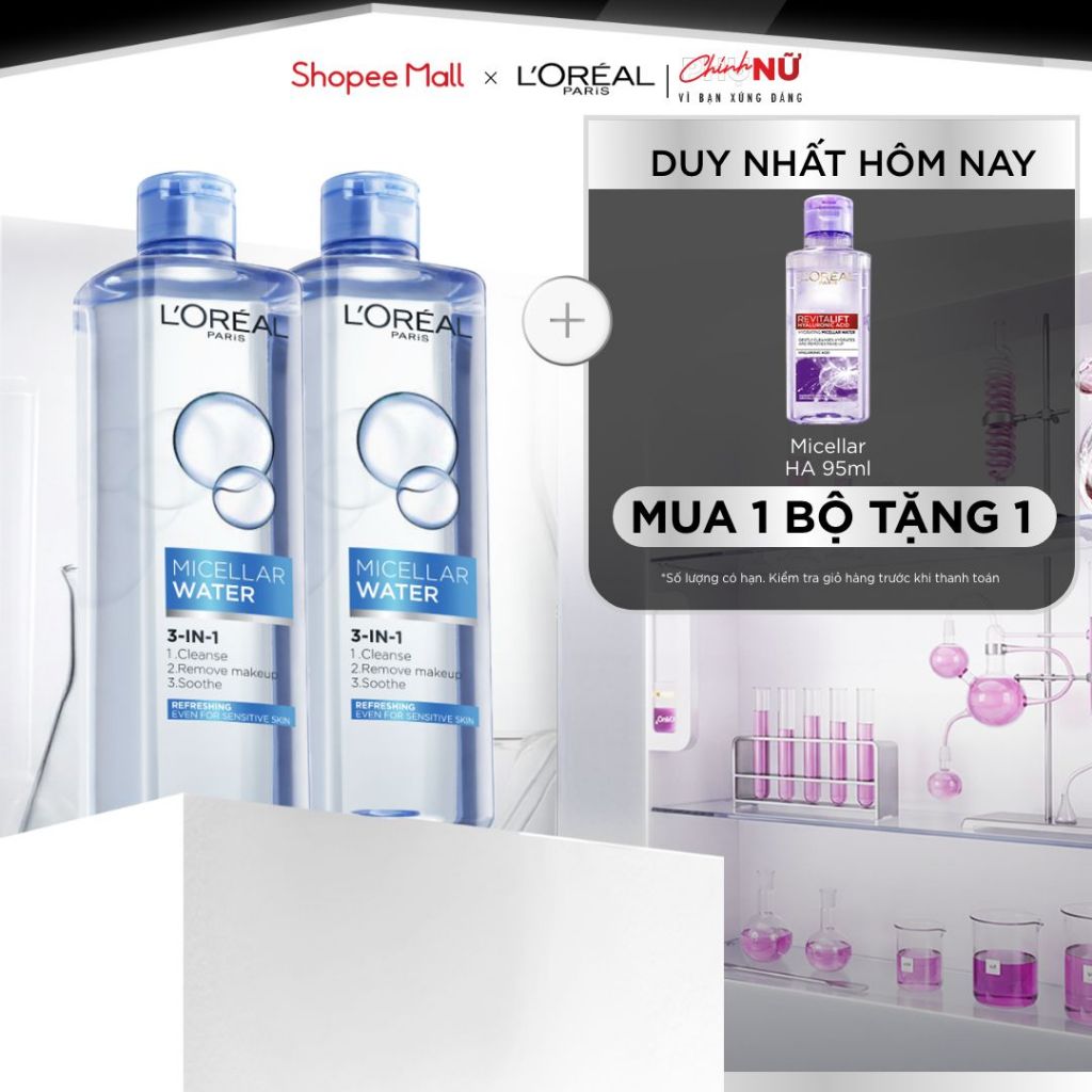 VB _ Bộ đôi nước tẩy trang giúp làm sạch sâu 3-in-1 L'Oreal Paris Micellar Water (400ml x2) | BigBuy360 - bigbuy360.vn