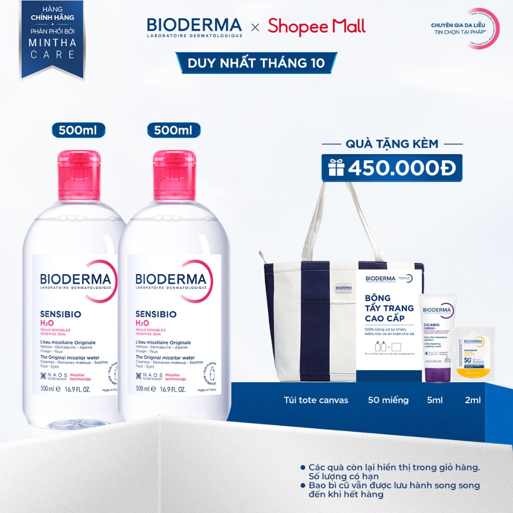 [BIODERMA] Bộ đôi nước tẩy trang Micellar cho da nhạy cảm Bioderma Sensibio H2O - 500mlx2 | BigBuy360 - bigbuy360.vn