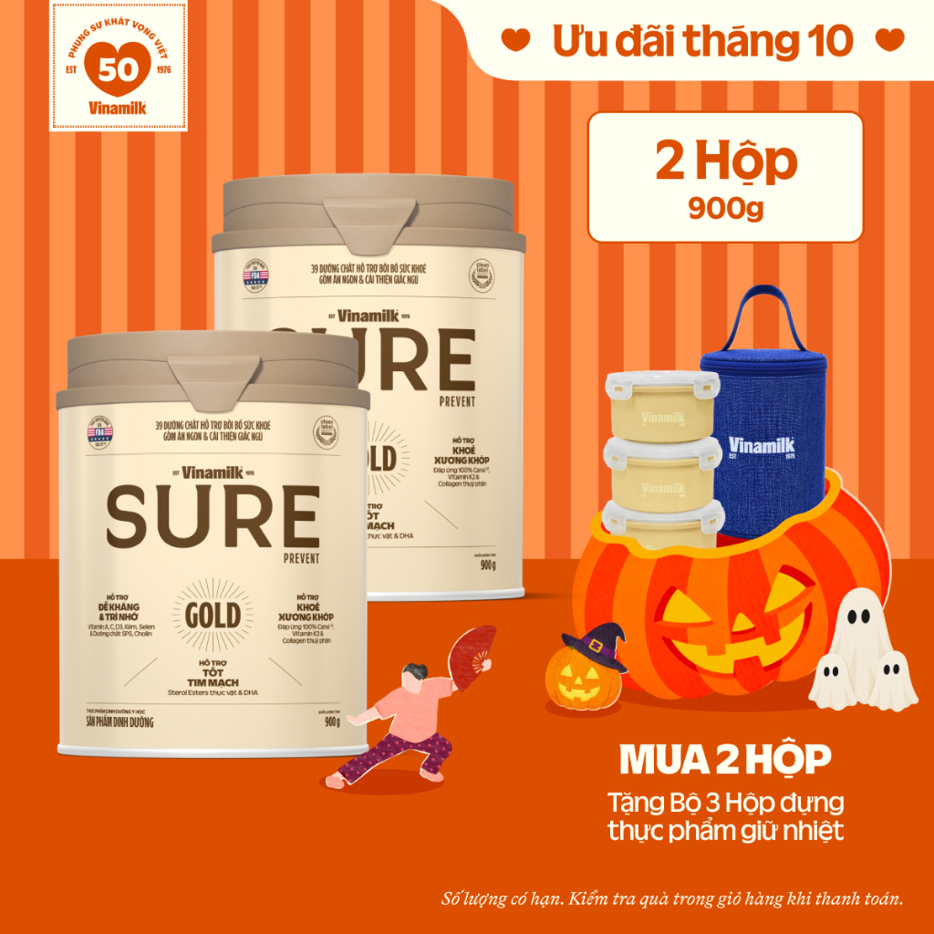 Combo 2 hộp Vinamilk Sure Prevent 900g (Hộp thiếc) - Sữa bột cho người lớn tuổi, bổ sung dinh dưỡng và tăng sức đề kháng