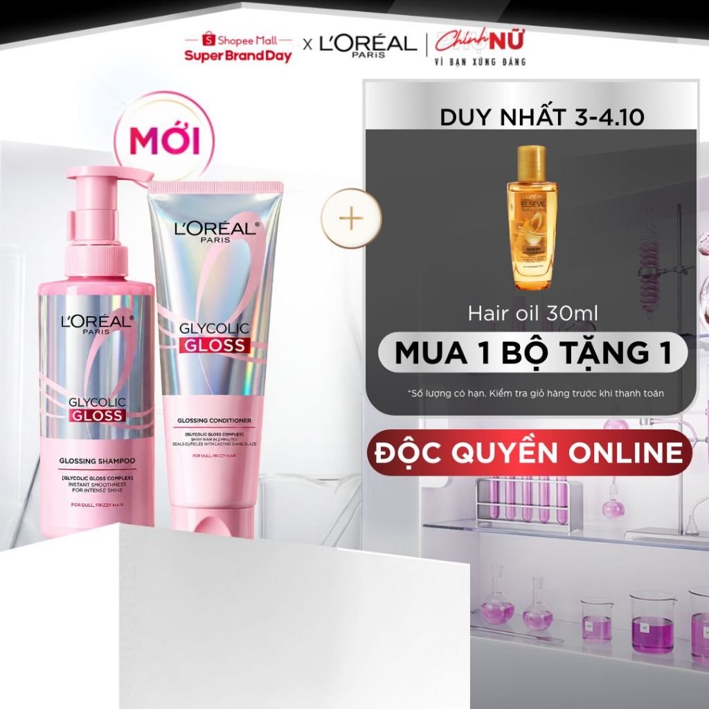 [MỚI] VB_ Bộ dầu gội & xả phủ bóng, chống xơ rối phức hợp 2% [Glycolic Acid] L'Oréal Paris Glycolic Gloss 440ml, 200ml
