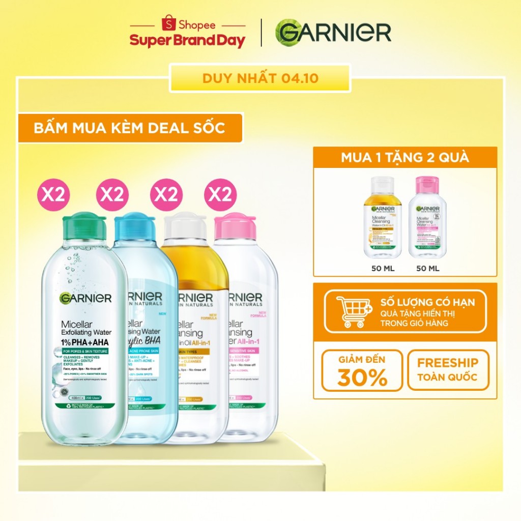 Bộ 2 nước Tẩy Trang làm sạch sâu dịu nhẹ cho mọi loại da (dầu, thường, khô, nhạy cảm) -Garnier Micellar Cleansing Water