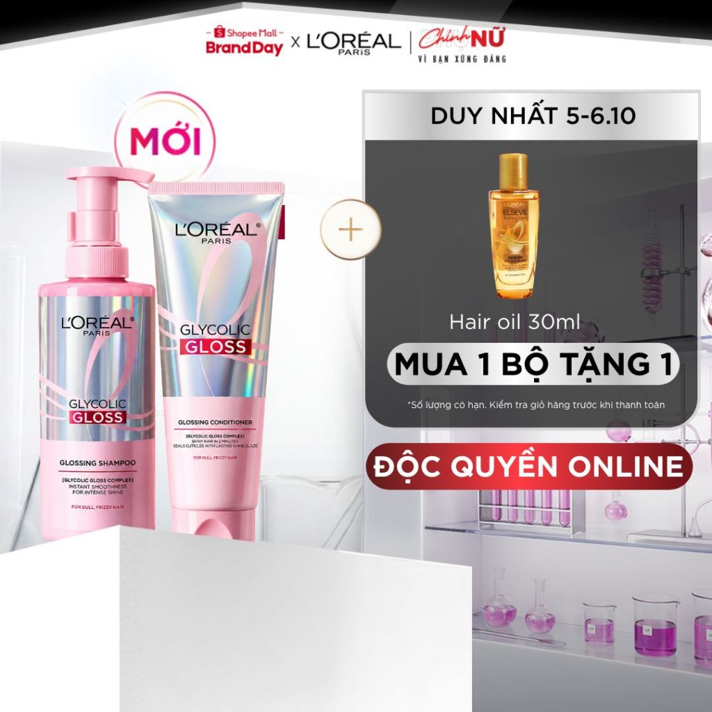 [MỚI] VB_ Bộ dầu gội & xả phủ bóng, chống xơ rối phức hợp 2% [Glycolic Acid] L'Oréal Paris Glycolic Gloss 440ml, 200ml