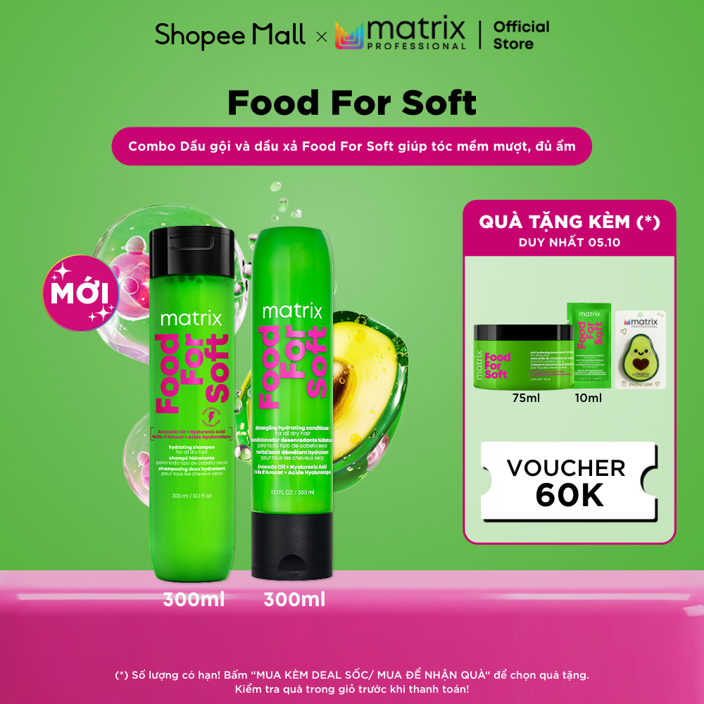 Combo Dầu gội và dầu xả MATRIX Food For Soft cho tóc khô, giúp tóc mềm mượt, đủ ẩm 300ML