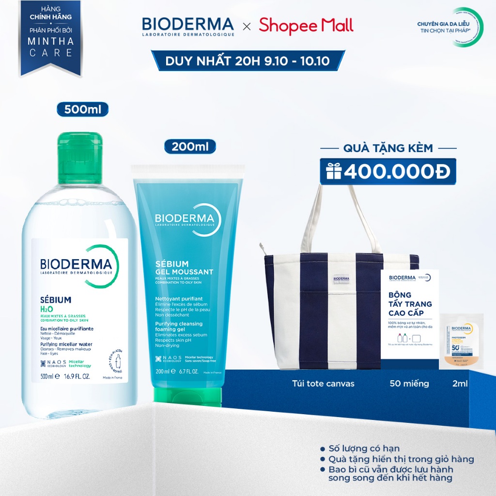 [BIODERMA] Bộ đôi nước tẩy trang Bioderma Sebium H2O 500ml và Gel rửa mặt tạo bọt Sebium Gel Moussant 200ml (Tuýp)