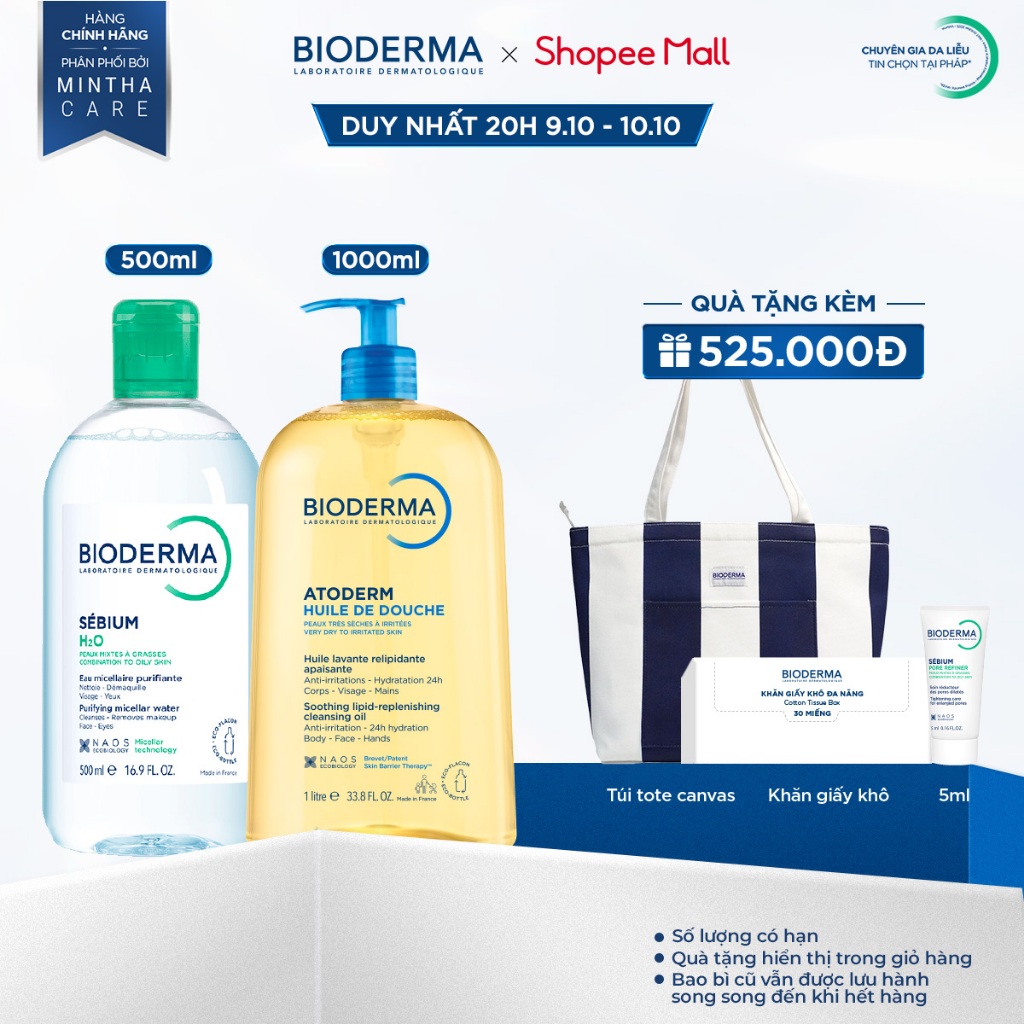 [BIODERMA] Bộ đôi nước tẩy trang cho da dầu mụn Sebium H2O 500ml và dầu tắm làm sạch, làm dịu Atoderm Huile De Douche 1L