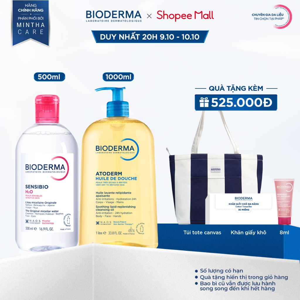 [BIODERMA] Bộ nước tẩy trang mọi loại da Sensibio H2O 500ml và dầu tắm làm sạch Atoderm Huile De Douche 1L