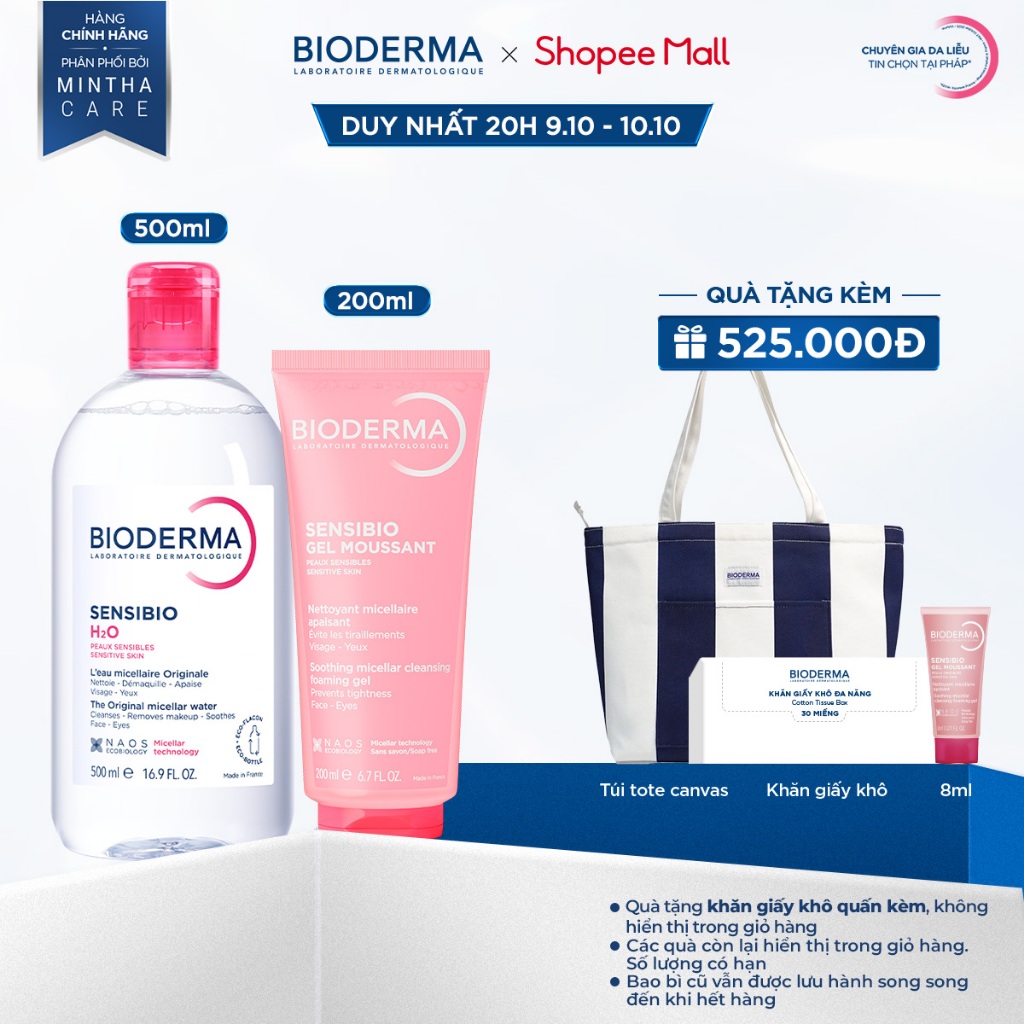 [BIODERMA] Bộ đôi nước tẩy trang Bioderma Sensibio H2O 500ml và Gel rửa mặt tạo bọt Sensibio Gel Moussant 200ml (tuýp)