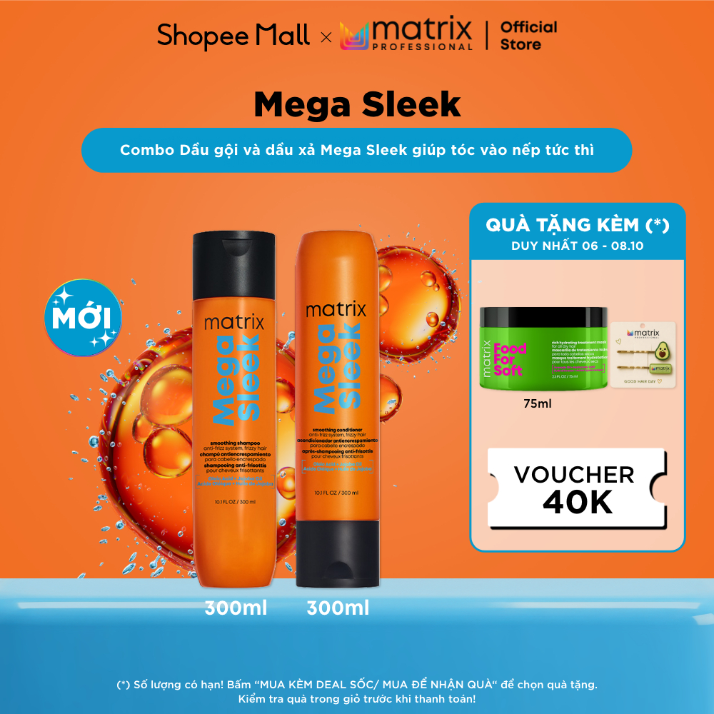 Combo Dầu gội và dầu xả dưỡng tóc suôn mượt MATRIX Mega Sleek 300ML dành cho tóc xơ rối, vào nếp tức thì