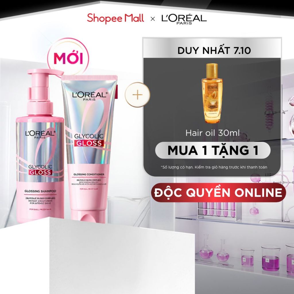 [MỚI] VB_ Bộ dầu gội & xả phủ bóng, chống xơ rối phức hợp 2% [Glycolic Acid] L'Oréal Paris Glycolic Gloss 440ml, 200ml