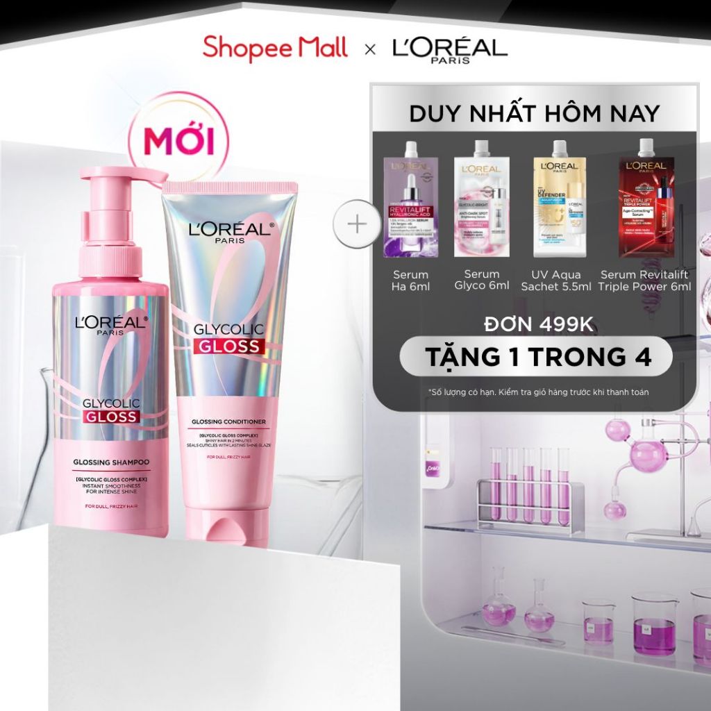 [MỚI] VB_ Bộ dầu gội & xả phủ bóng, chống xơ rối phức hợp 2% [Glycolic Acid] L'Oréal Paris Glycolic Gloss 440ml, 200ml