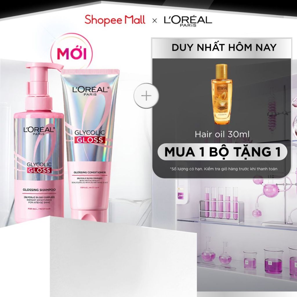 [MỚI] VB_ Bộ dầu gội & xả phủ bóng, chống xơ rối phức hợp 2% [Glycolic Acid] L'Oréal Paris Glycolic Gloss 440ml, 200ml