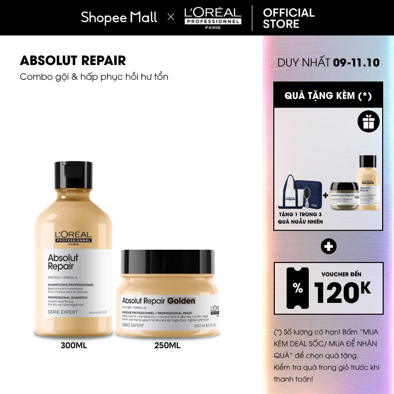 Combo gội 300ml & dầu hấp 250ml  phục hồi hư tổn toàn diện L'Oréal Professionnel Serie Expert Absolut Repair Golden