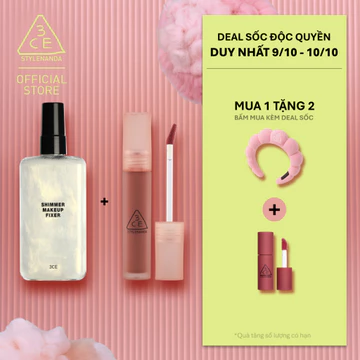 3CE Combo Son Blur Water Tint & Chai Xịt Cố Định Lớp Trang Điểm Shimmer Make Up Fixer