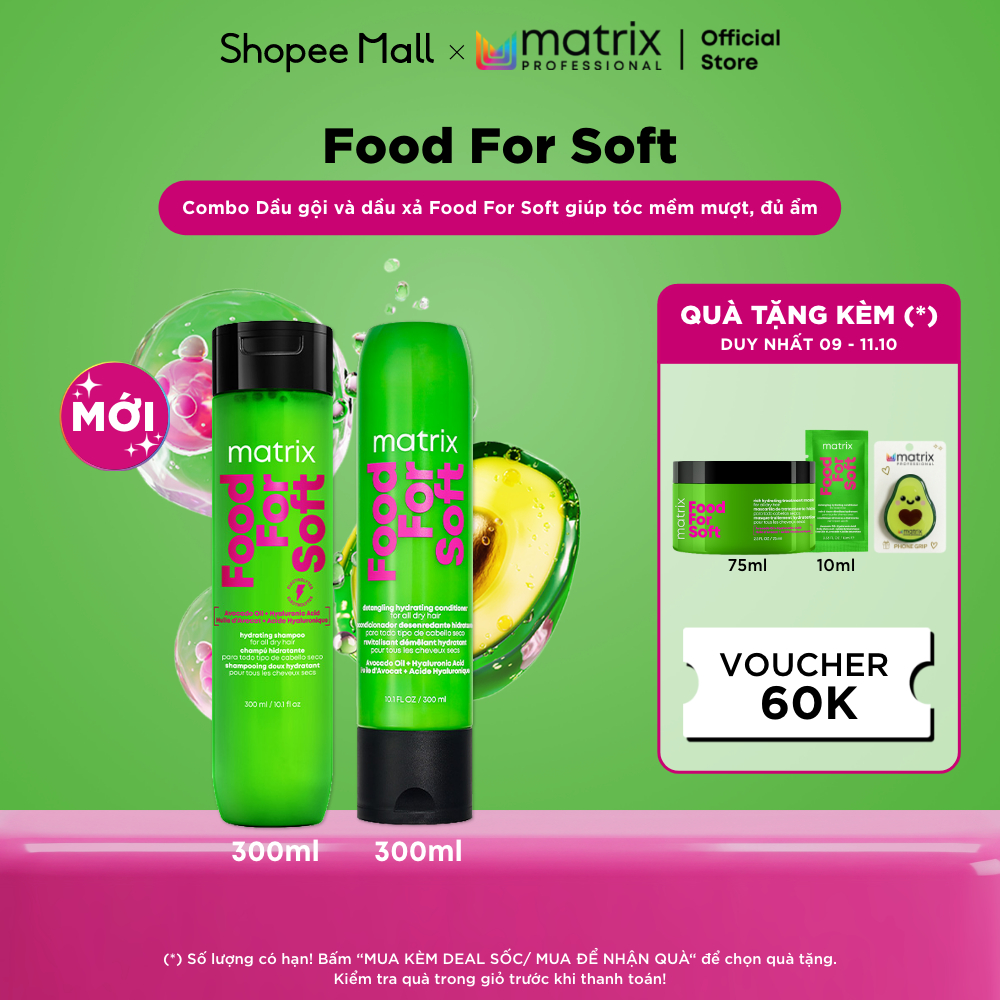 Combo Dầu gội và dầu xả MATRIX Food For Soft cho tóc khô, giúp tóc mềm mượt, đủ ẩm 300ML
