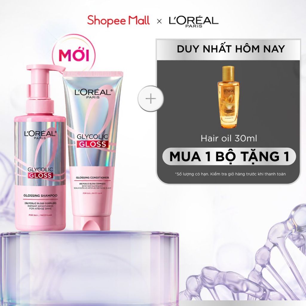 [MỚI] VB_ Bộ dầu gội & xả phủ bóng, chống xơ rối phức hợp 2% [Glycolic Acid] L'Oréal Paris Glycolic Gloss 440ml, 200ml