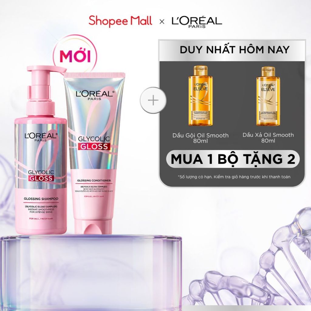 [MỚI] VB_ Bộ dầu gội & xả phủ bóng, chống xơ rối phức hợp 2% [Glycolic Acid] L'Oréal Paris Glycolic Gloss 440ml, 200ml