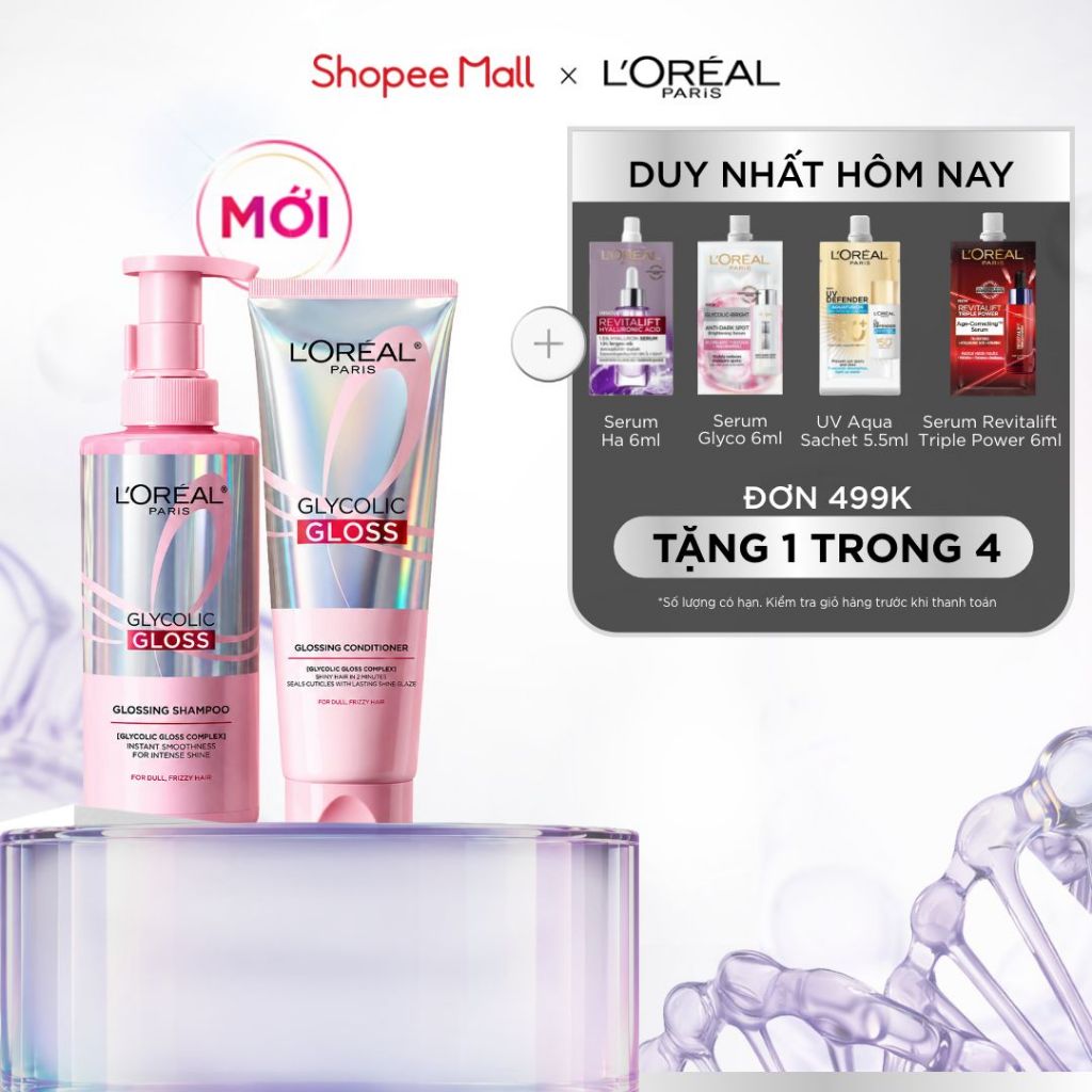 [MỚI] VB_ Bộ dầu gội & xả phủ bóng, chống xơ rối phức hợp 2% [Glycolic Acid] L'Oréal Paris Glycolic Gloss 440ml, 200ml