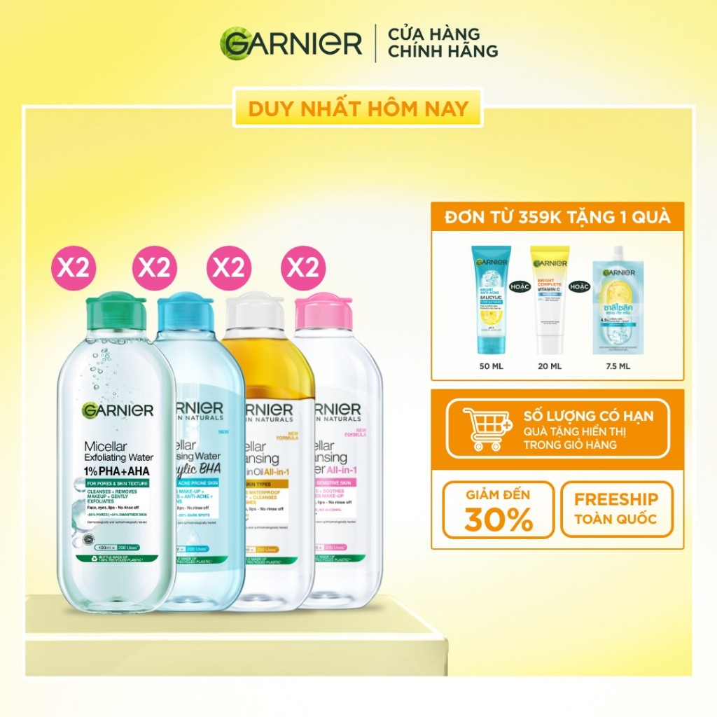Bộ 2 nước Tẩy Trang làm sạch sâu dịu nhẹ cho mọi loại da (dầu, thường, khô, nhạy cảm) -Garnier Micellar Cleansing Water