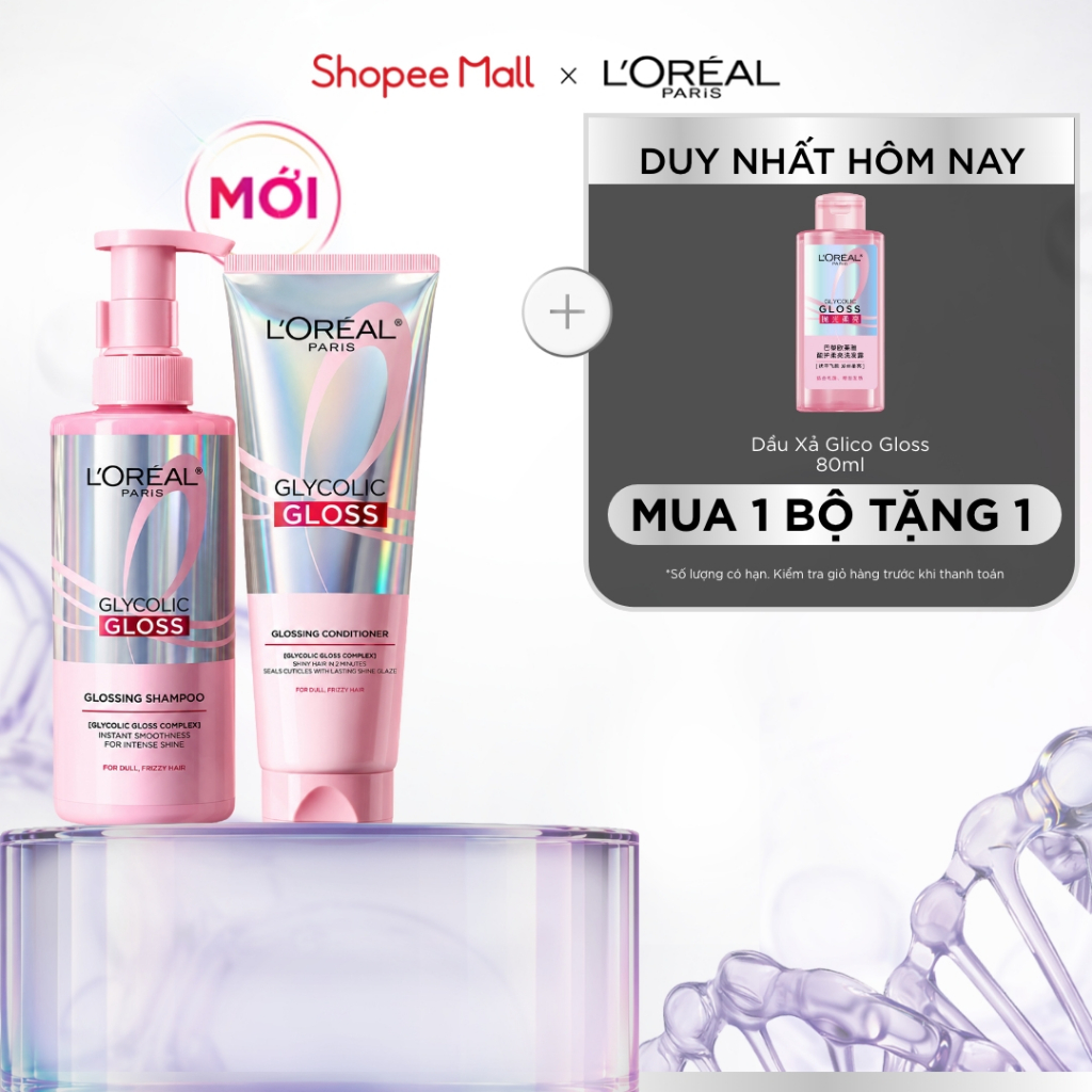 [MỚI] VB_ Bộ dầu gội & xả phủ bóng, chống xơ rối phức hợp 2% [Glycolic Acid] L'Oréal Paris Glycolic Gloss 440ml, 200ml