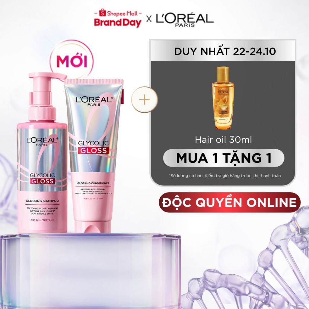 [MỚI] VB_ Bộ dầu gội & xả phủ bóng, chống xơ rối phức hợp 2% [Glycolic Acid] L'Oréal Paris Glycolic Gloss 440ml, 200ml