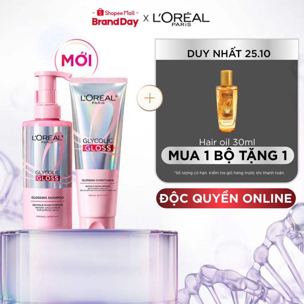 [MỚI] VB_ Bộ dầu gội & xả phủ bóng, chống xơ rối phức hợp 2% [Glycolic Acid] L'Oréal Paris Glycolic Gloss 440ml, 200ml