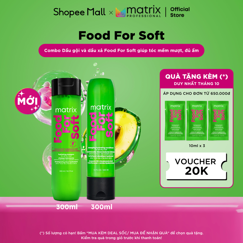 Combo Dầu gội và dầu xả MATRIX Food For Soft cho tóc khô, giúp tóc mềm mượt, đủ ẩm 300ML