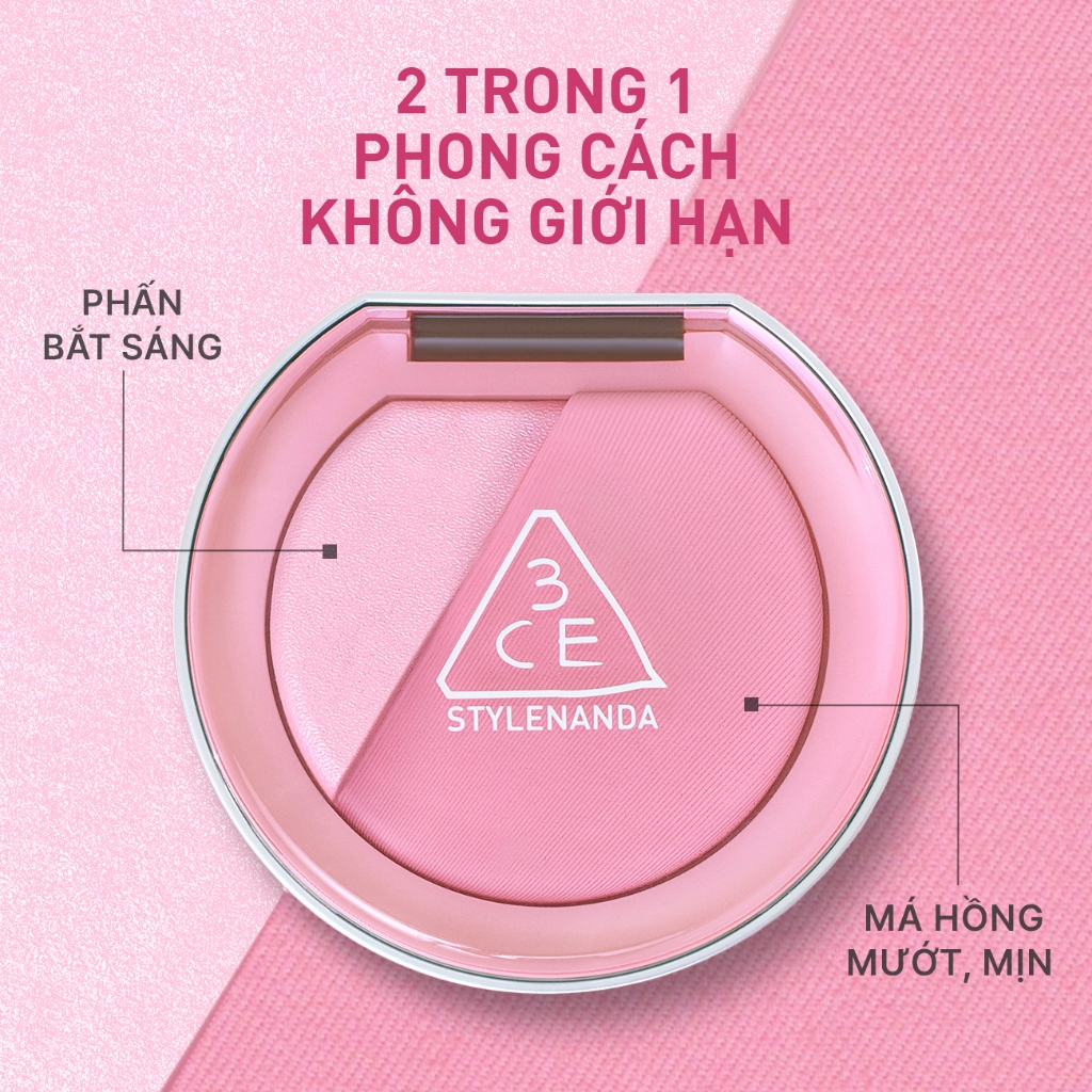 3CE Combo Phấn Má Hồng Blushlighter & Son Dưỡng Môi Glazy Lip Glow