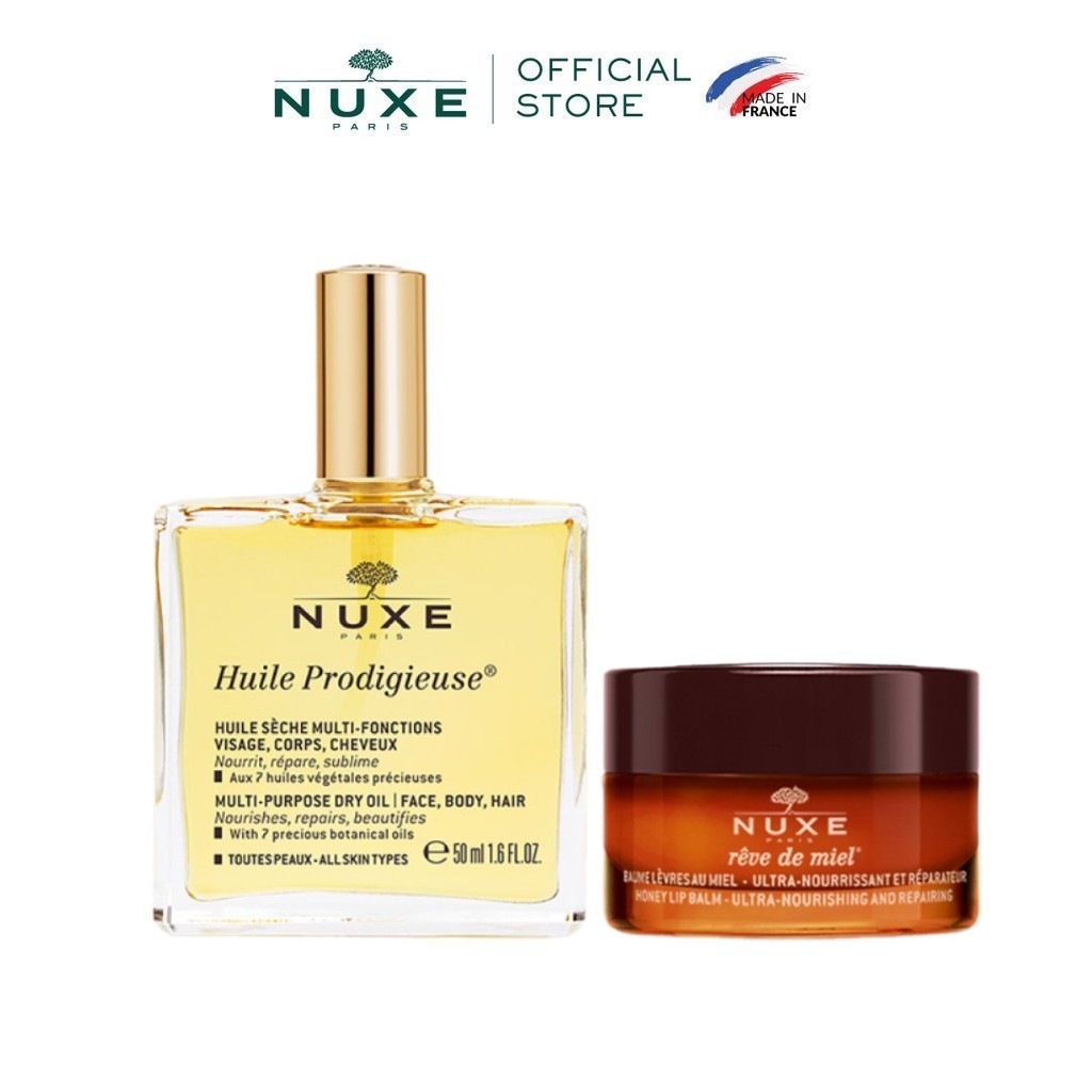 Combo Dầu dưỡng khô đa năng Nuxe Huile Prodigieuse Multi-Purpose Dry Oil 50ml & Sáp dưỡng môi mật ong 15g