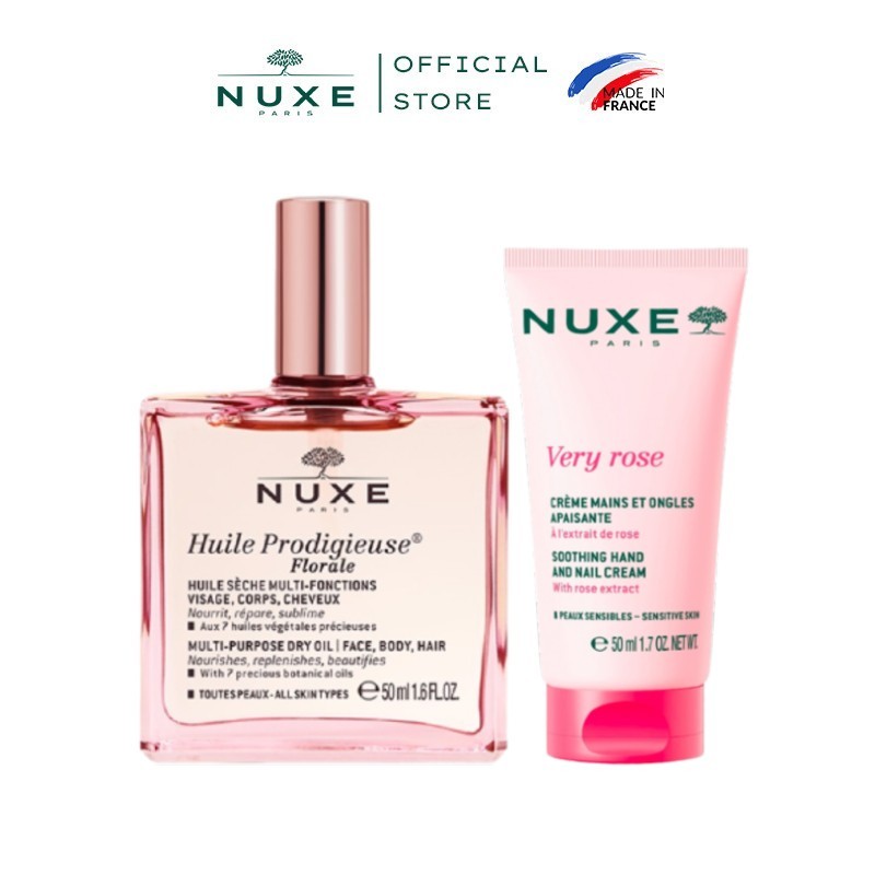 Combo Dầu dưỡng khô đa năng Hương Hoa Huile Prodigieuse Florale 50ml & Kem dưỡng da tay và móng Very Rose 50ml