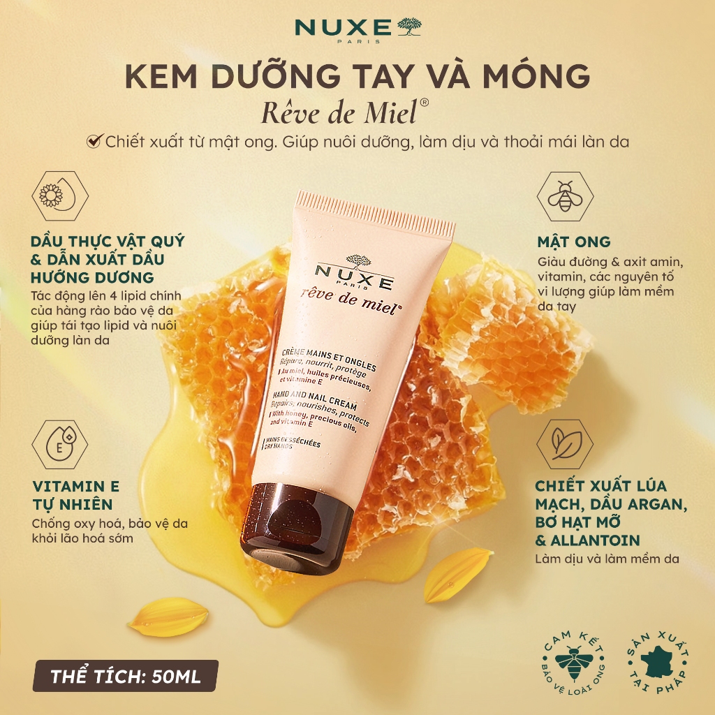Combo Nuxe Reve De Miel Kem dưỡng da tay và móng 50ml & Sáp dưỡng môi mật ong 15g