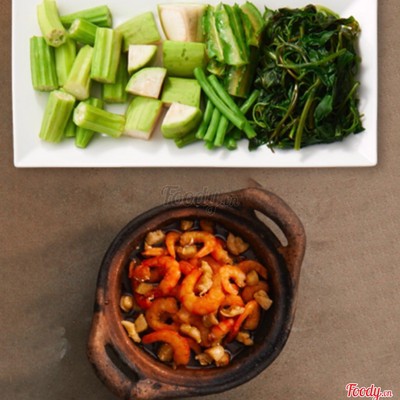 Tôm khô kho quẹt + rau thập cẩm luộc