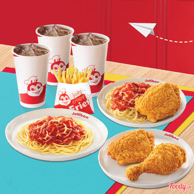 3 Miếng gà giòn vui vẻ + 2 Mỳ ý Jolly + 1 Khoai tây chiên vừa + 3 Nước ngọt vừa