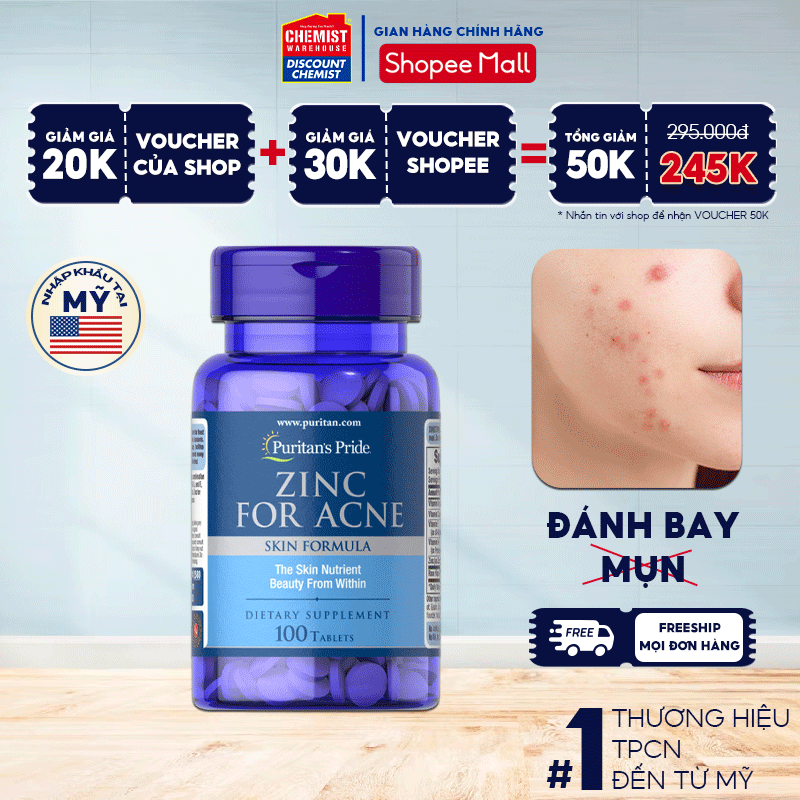 Viên uống giảm mụn nội tiết, mụn đầu đen Puritan's Pride Zinc For Acne