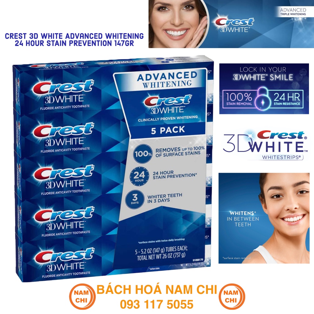 [1 TUÝP] Kem Đánh Răng Crest 3D White ADVANCED WHITENING 147g – Hàng Mỹ – MẪU MỚI