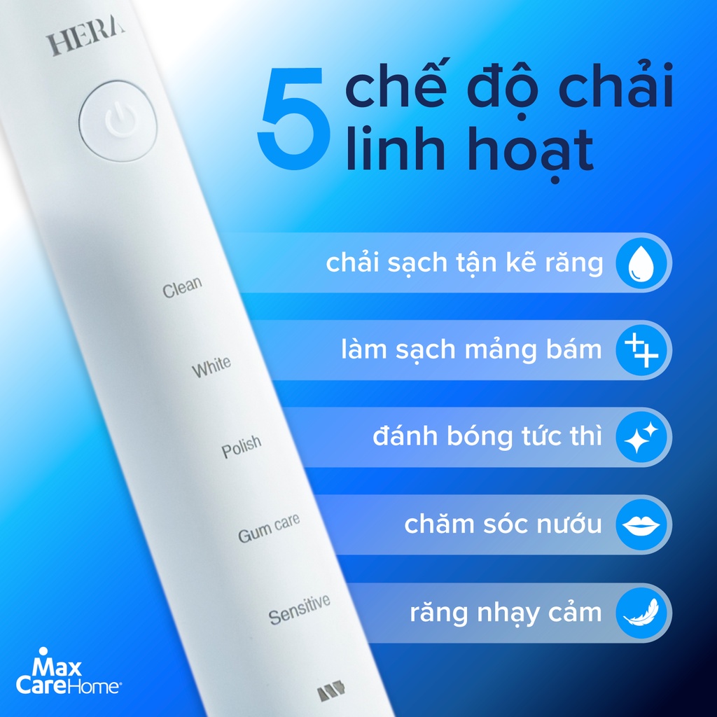 Bàn Chải Điện DIỆT KHUẨN, TRẮNG RĂNG Maxcare Hera Whitening – Sấy Khô TIA UV, Rung Sóng Âm Sonic làm SẠCH MẢNG BÁM