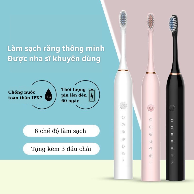 Bàn chải điện X-3 Sonic LIG 6 chế độ làm sạch được nha sĩ khuyên dùng, tặng kèm 4 đầu thay thế, lỗi 1 đổi 1 BH 3 tháng.