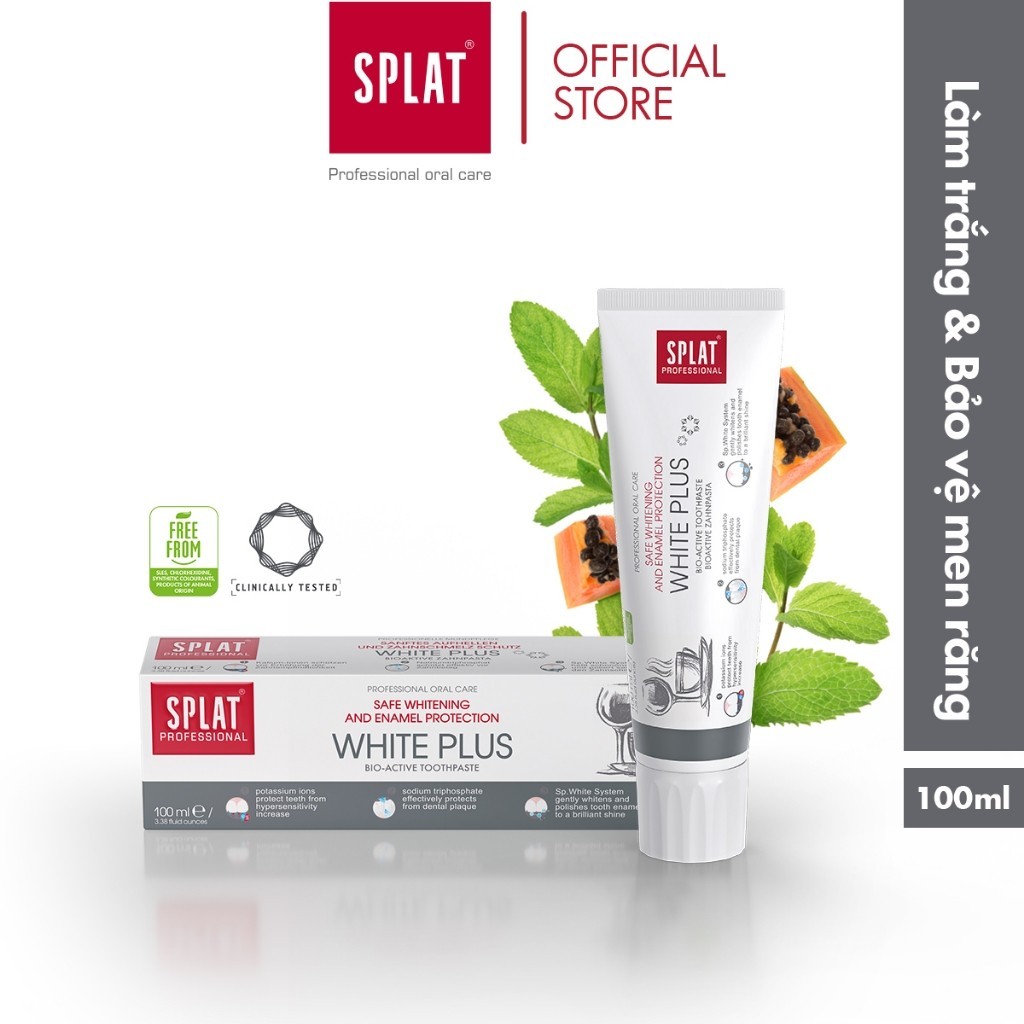 Kem đánh răng trắng răng thơm miệng SPLAT White Plus loại bỏ vết ố vàng từ cafe, trà làm sáng răng, giảm ê buốt 100ml