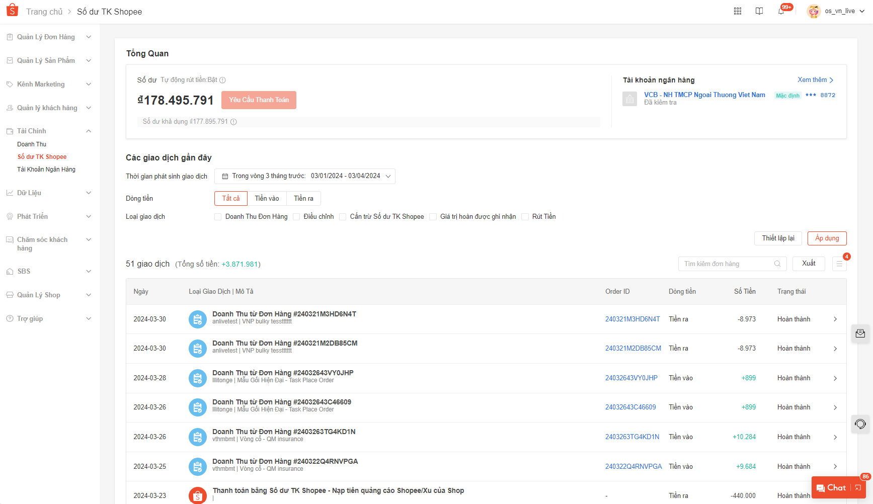 Thông tin khi truy cập vào Số dư TK Shopee