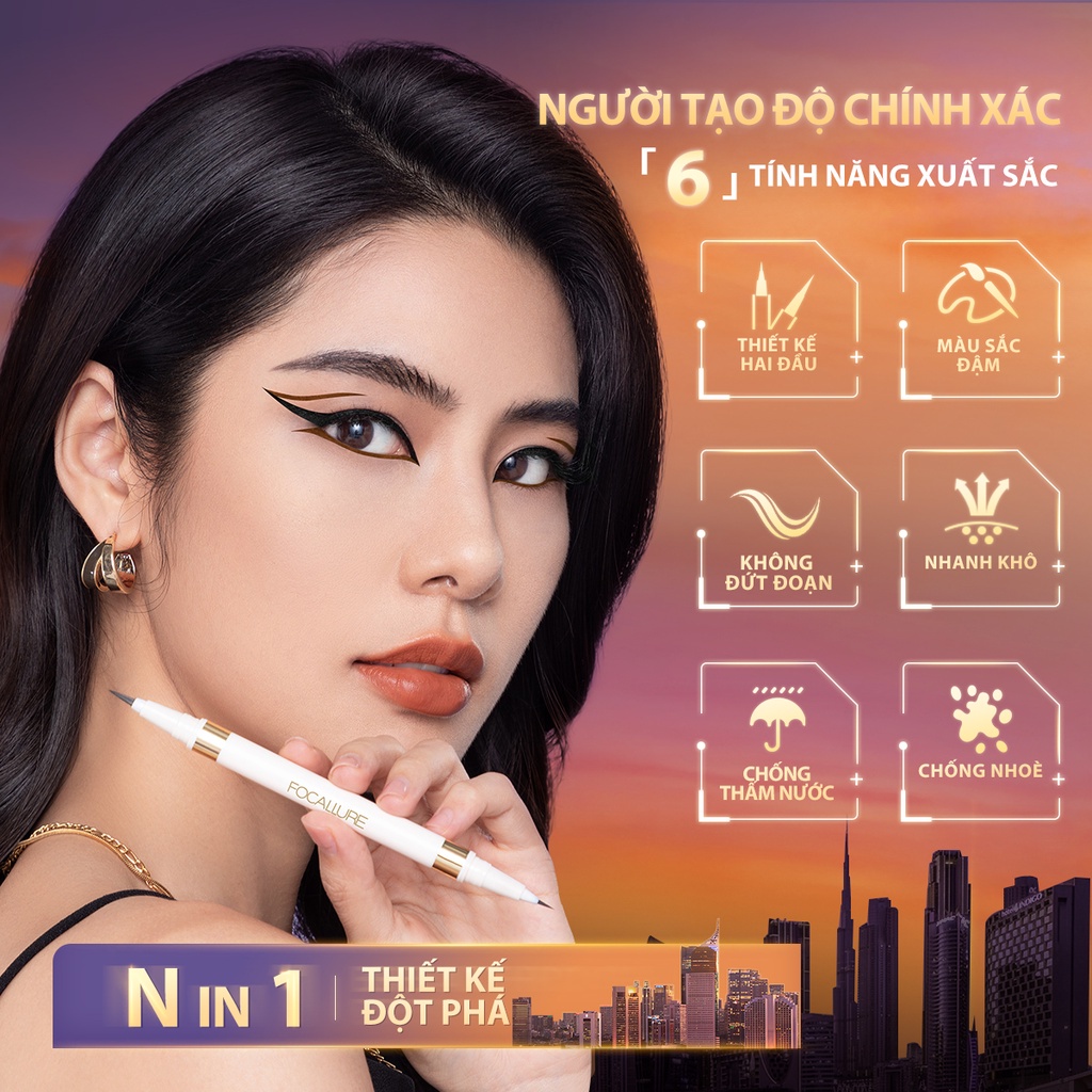 Bút Kẻ Mắt Dạng Lỏng FOCALLURE 2 Trong 1 Không Thấm Nước Hai Đầu Khô Nhanh Chống Lem Trôi 1.2g