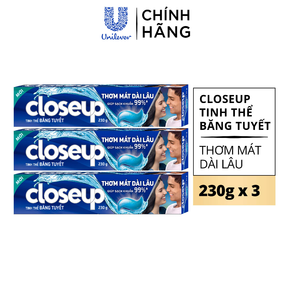 Combo 3 Kem Đánh Răng Closeup Gel Sạch Khuẩn Tinh Thể Băng Tuyết Cho Hơi Thở Thơm Mát Bất Tận 230G/Tuýp