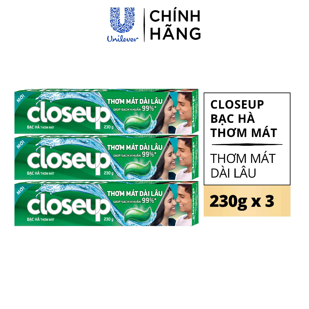 Combo 3 Kem Đánh Răng Closeup Dạng Gel Cho Hơi Thở Thơm Mát Bất Tận Bạc Hà The Mát 230G/Tuýp