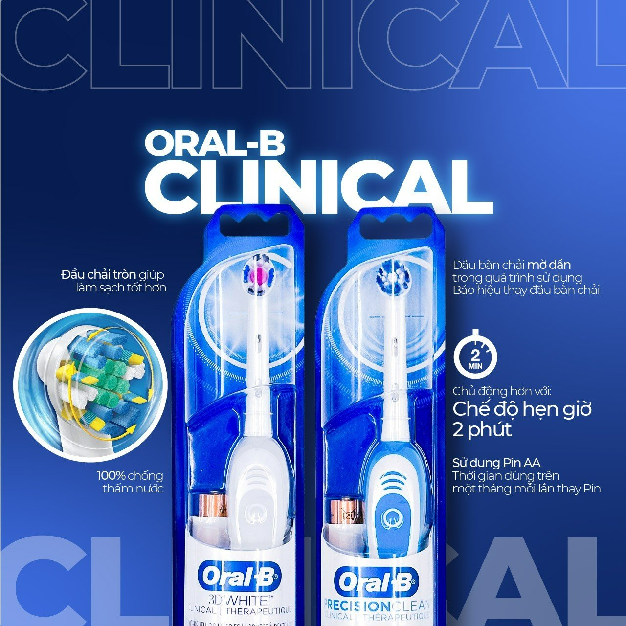 Bàn Chải Pin Oral-B Braun Đủ Các Dòng – Hẹn Giờ 2-Phút, Dùng Pin AA, Nhiều Loại Đầu Chăm Sóc Răng, Clinical Revolution