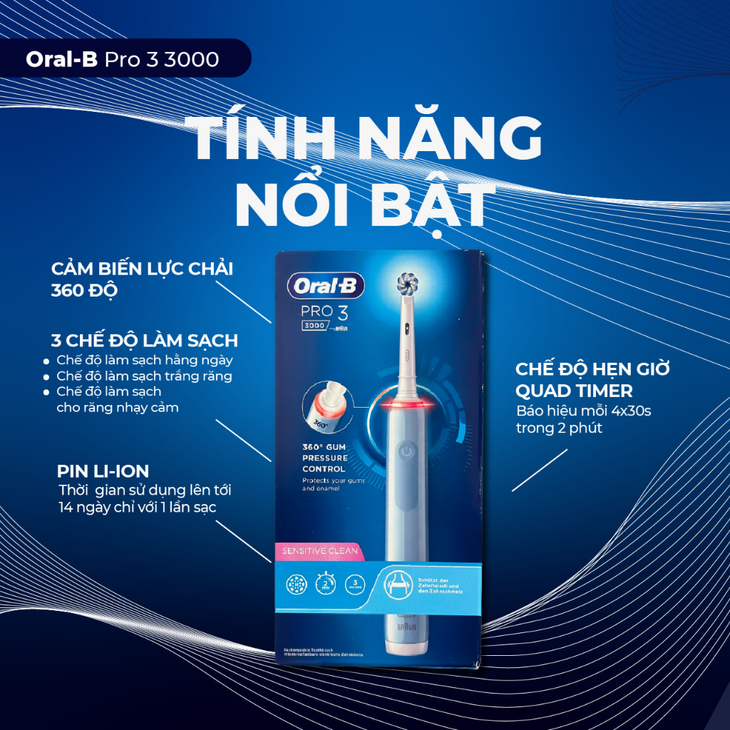 [Made In Germany] Bàn Chải Điện Oral-B Braun Pro 3 3000 – Cảm Biến Lực 360°, Pin Li-ion, Hẹn Giờ ProTimer, 3 Chế Độ Chải