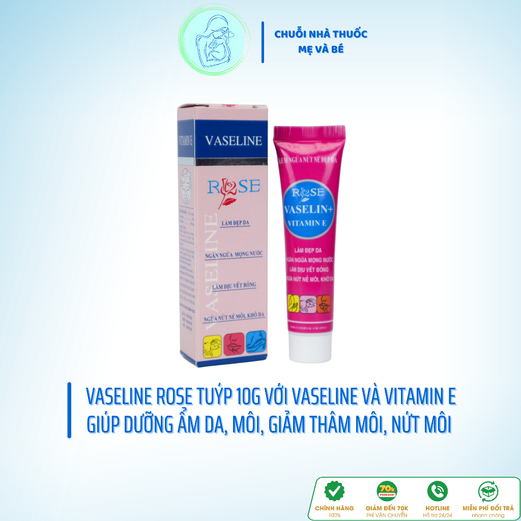 Vaseline Rose, Giúp dưỡng ẩm, Giảm nẻ mặt, Làm mềm da, Hỗ trợ giảm thâm môi, Giảm nứt môi, Làm dịu vết bỏng – Tuýp 10g