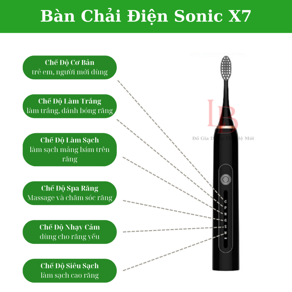 Bàn chải điện Sonic X7 dùng công nghệ rung sóng âm, bàn chải đánh răng tự động đánh tan mảng bám thế hệ mới nhất 2024