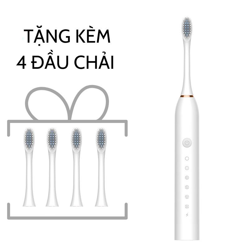 Bàn Chải Điện Đánh Răng Sonic X3 Thông Minh 5 Tốc Độ Cho Người Lớn Pin Sạc 1200MAH3 Sóng Âm Tặng Kèm 4 Đầu Thay Thế